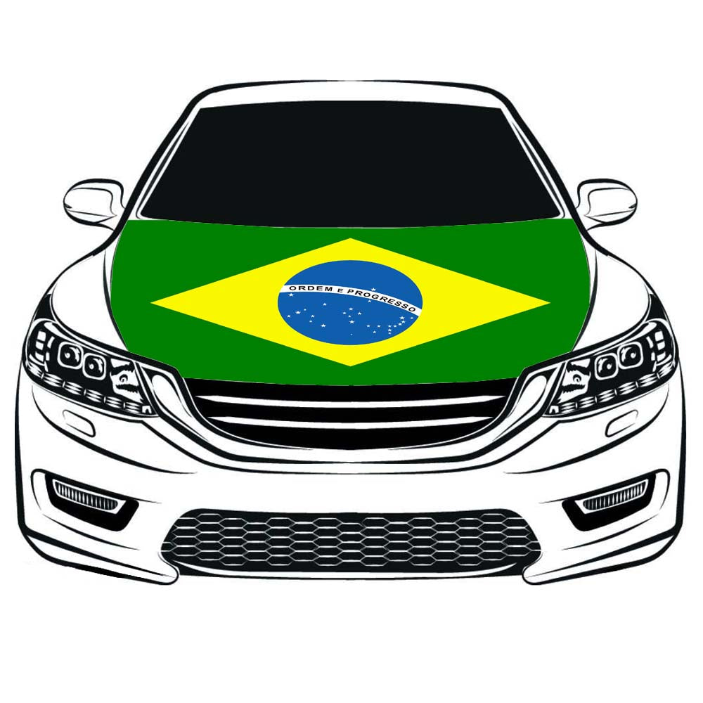 Brazil Car Hood Cover Flag ,Engine Banner Flag of Brazil,3.3X5ft, 100% Polyester Elastic Fabrics Can be Washed Suitable for Car SUV and Pickup Trucks