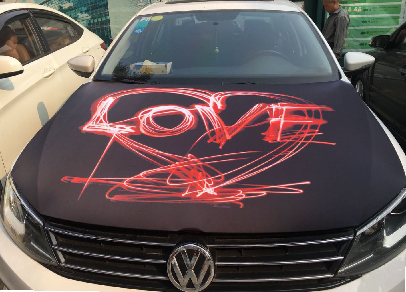 Red Heart Car Hood Cover Flag ,Engine LOVE Logo Banner Flag,3.3X5ft,100% Polyester Elastic Fabrics Can be Washed