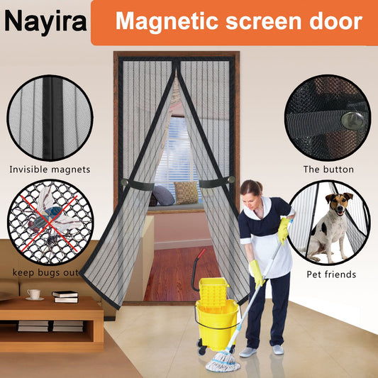 Nayira Magnetic Screen Door Fiberglass-Keep Bugs Out Let Fresh Air In-New Upgraded Magnets-Durable Fiberglass Mesh Curtain with Weights in Bottom-Full Frame Velcro-Fits Door up to 34''x82''