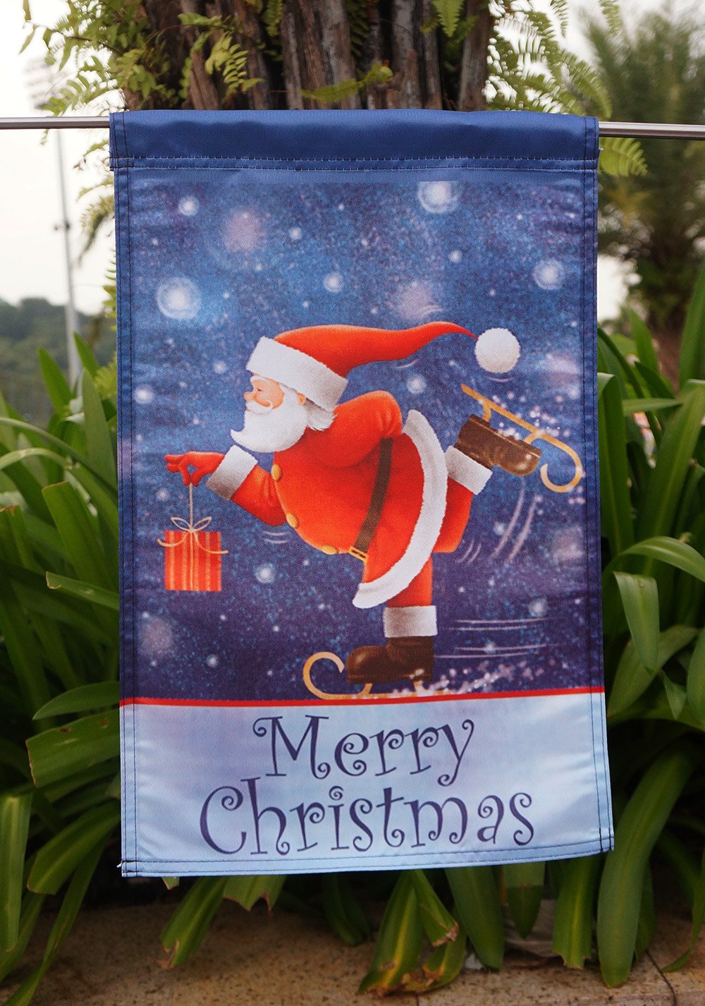 Skating Santa - Decorative Merry Christmas Winter Holiday Blue Garden Flag - "12.5 x 18" "28 x 40" Inches